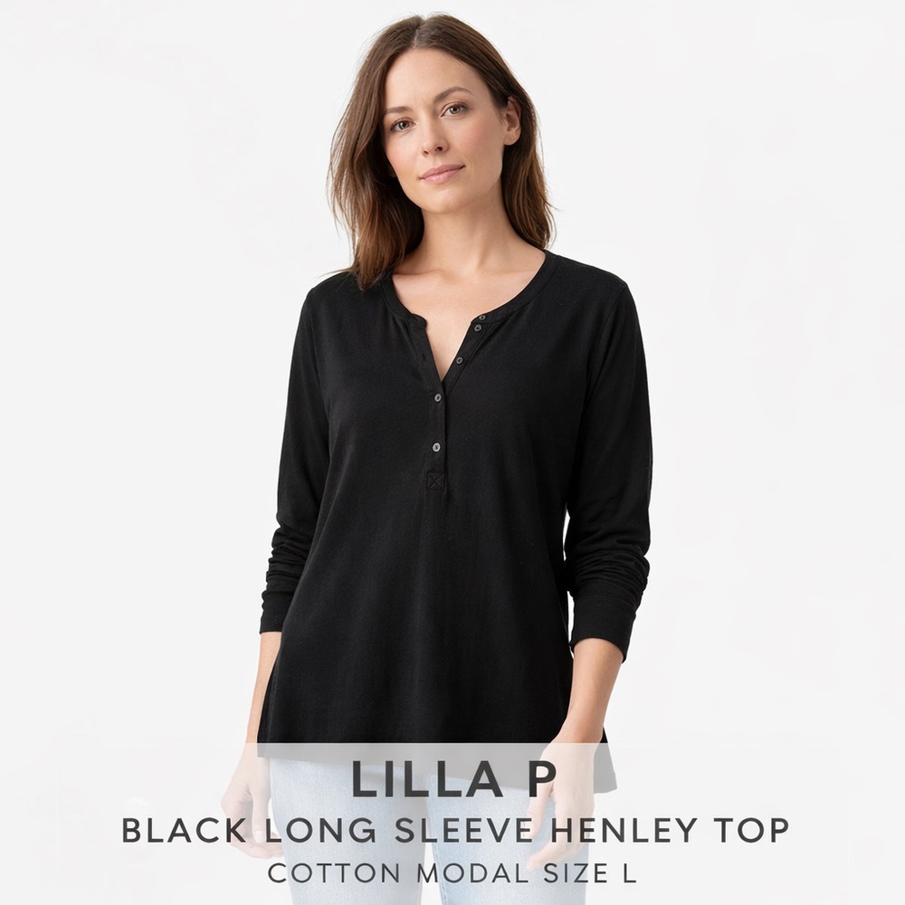 LILLA P Black Long Sleeve Henley Top Cotton Modal Size L